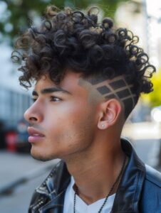 Curly Taper Fade with Design