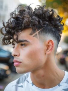 Curly Taper Fade with Design